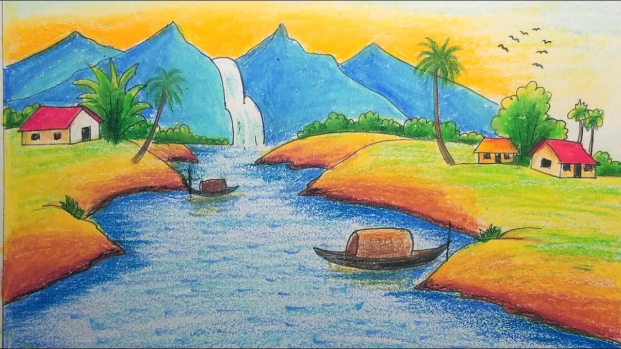 Vẽ tranh phong cảnh núi sông đơn giản | Village scenery with oil pastels  step by step